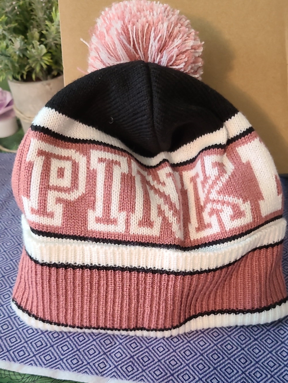 PINK Victoria's Secret Knit Pom Pom Beanie - Pink and Black Hat